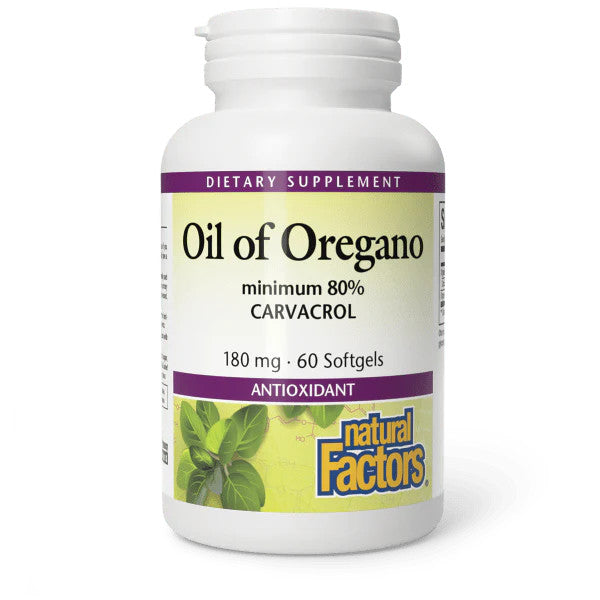 Supplement bottle labeled 'Oil of Oregano' by Natural Factors on a white background