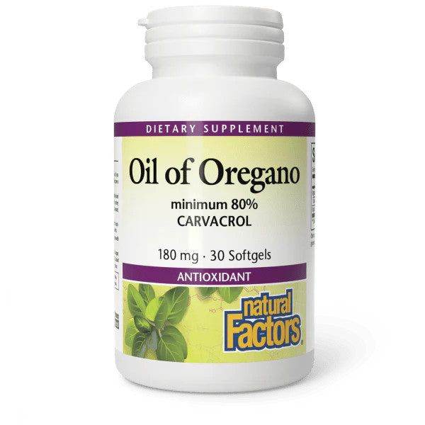 Supplement bottle labeled 'Oil of Oregano' by Natural Factors on a white background